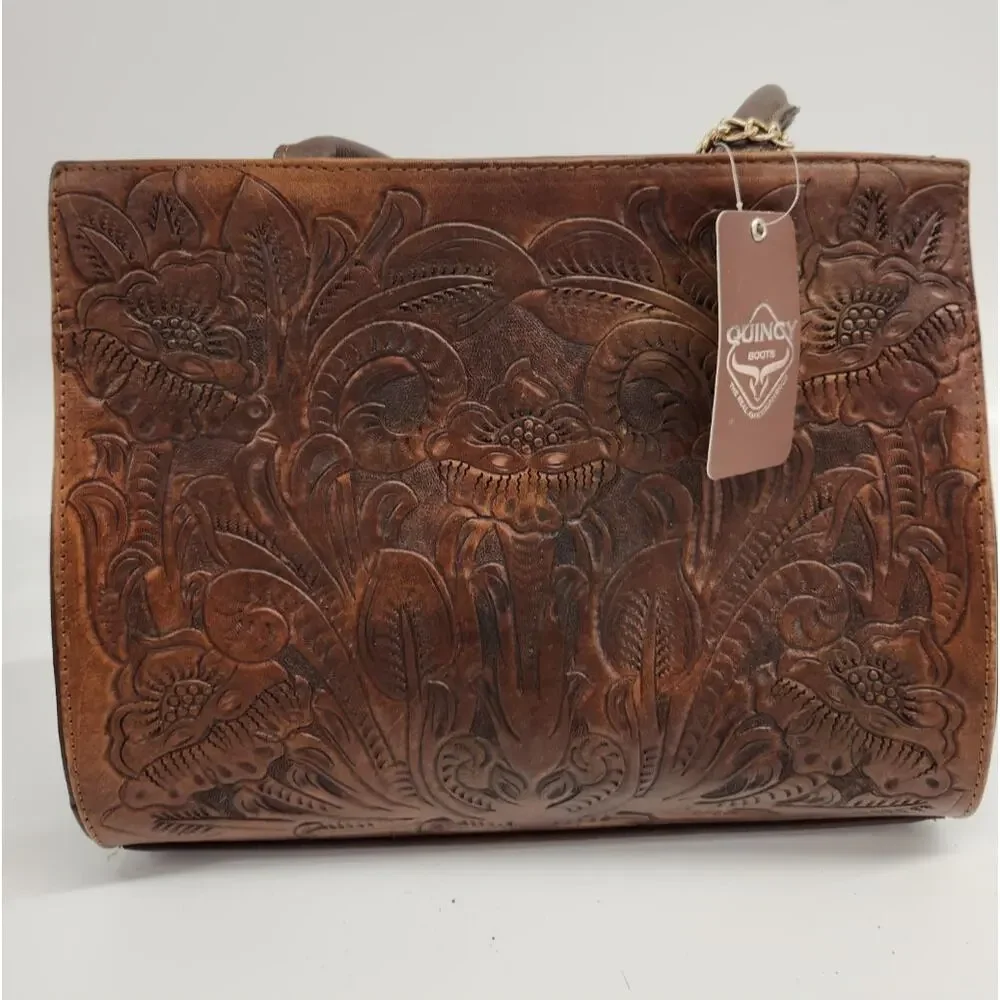 QUINCY BOOTS NWT 100% GEN LEATHER TOOLED SATCHEL BAG
